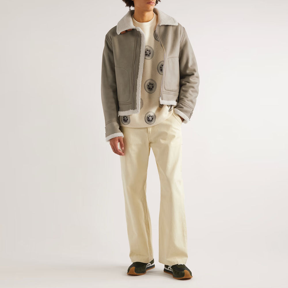 New Cream Shearling Flight Sheepskin B3 Leather Jacket For Men