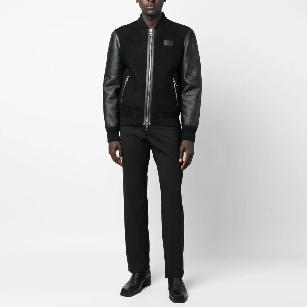 New Black Sheepskin Aviator Bomber Shearling And Suede Leather Jacket For Men