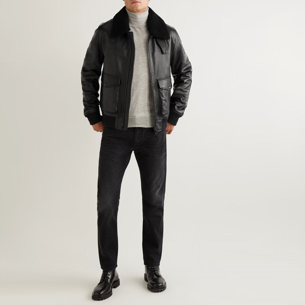 New Men Black Trucker Sheepskin Bomber Fur Shearling Leather Jacket