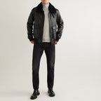 New Men Black Trucker Sheepskin Bomber Fur Shearling Leather Jacket