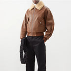 New Men Brown Bomber Trucker Aviator Shearling Collar Leather Jacket