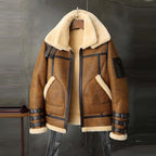 Men's Brown RAF Aviator B3 Double Collar Flight Shearling Leather Jacket Coat