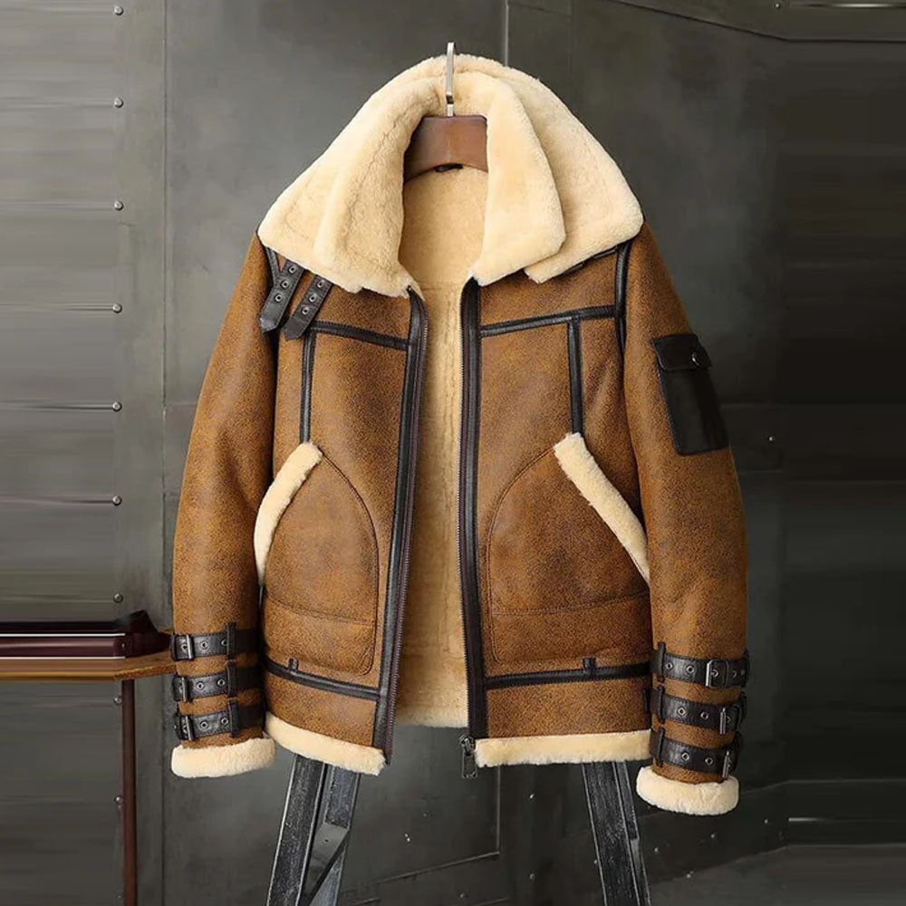 Men's Brown RAF Aviator B3 Double Collar Flight Shearling Leather Jacket Coat