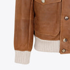 Men's Brown Shearling Trucker Bomber Aviator Leather Jacket