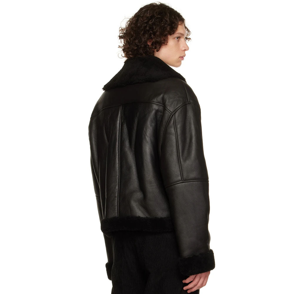 New Men Black Sheepskin Flight Shearling Leather Jacket