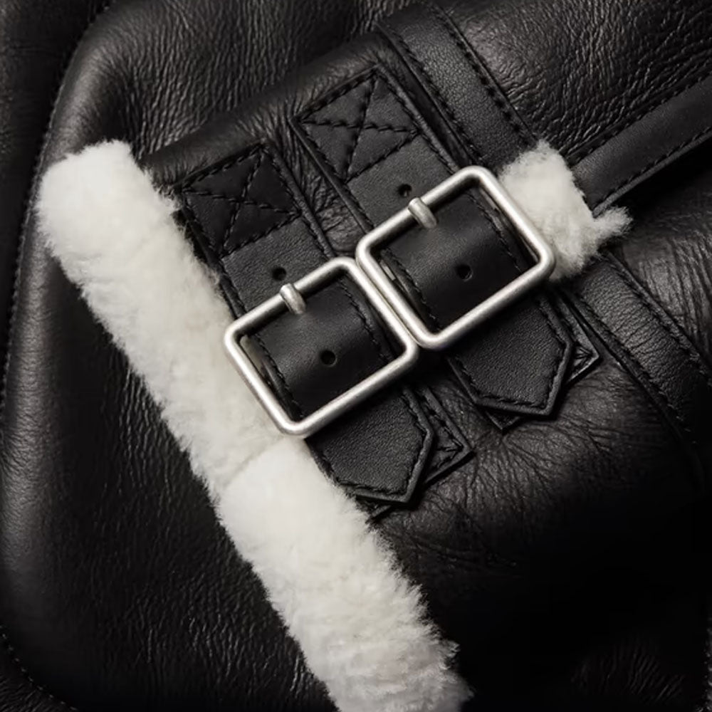 New Men Black Sheepskin Pilot Shearling Leather Jacket With White Fur