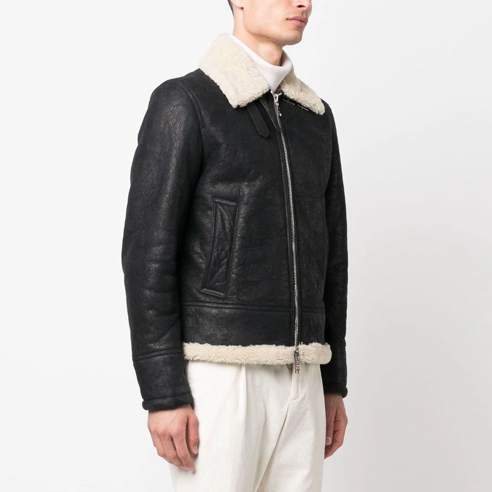 New Men Black B3 Aviator Sheepskin Long sleeve Shearling Leather Jacket