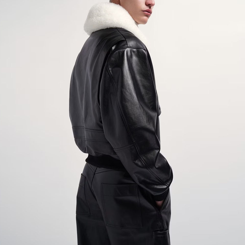 New Men Black Shearling Collar Bomber Sheepskin Leather Jacket