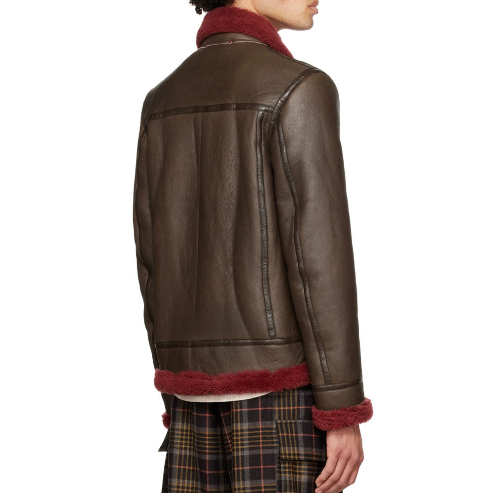 Men Brown Aviator Sheepskin Shearling Leather Jacket
