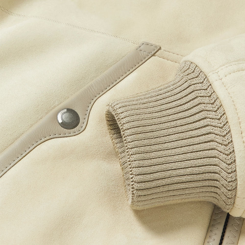 New men cream shearling leather-Trimmed bomber jacket with hooded
