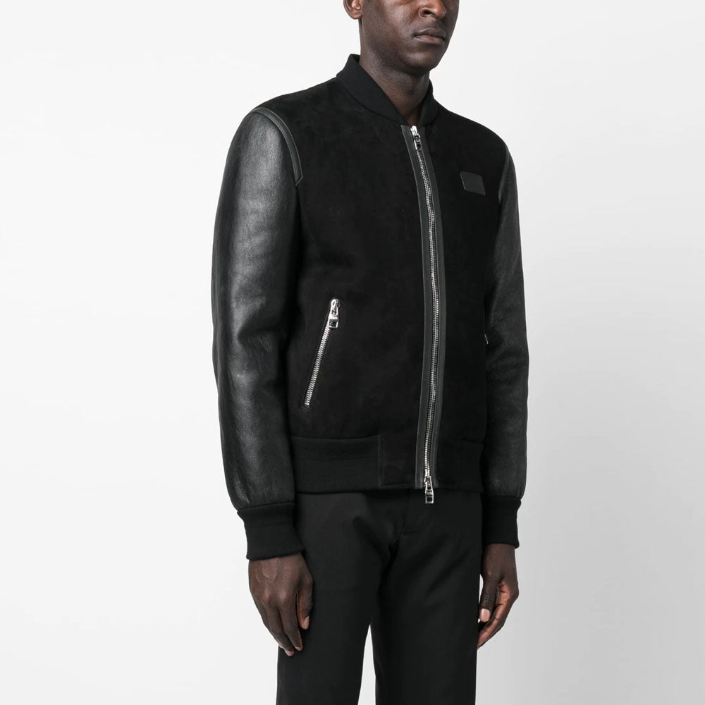 New Black Sheepskin Aviator Bomber Shearling And Suede Leather Jacket For Men