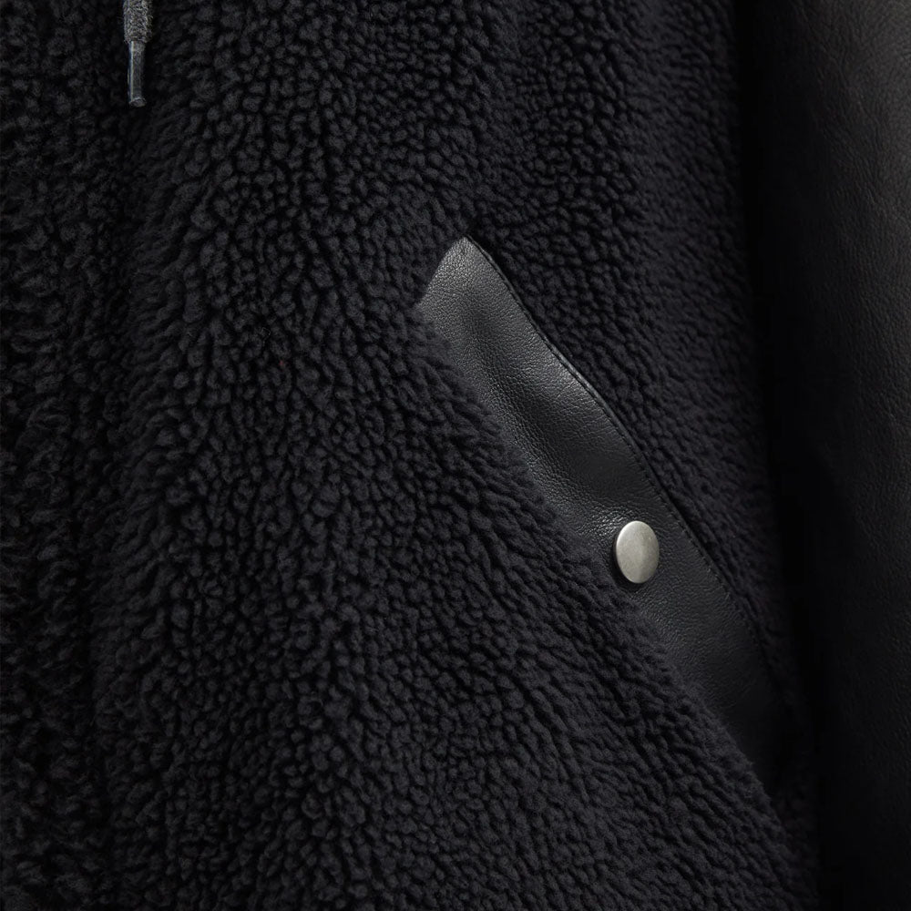 New Men Black Shearling And Leather Jacket With Hooded