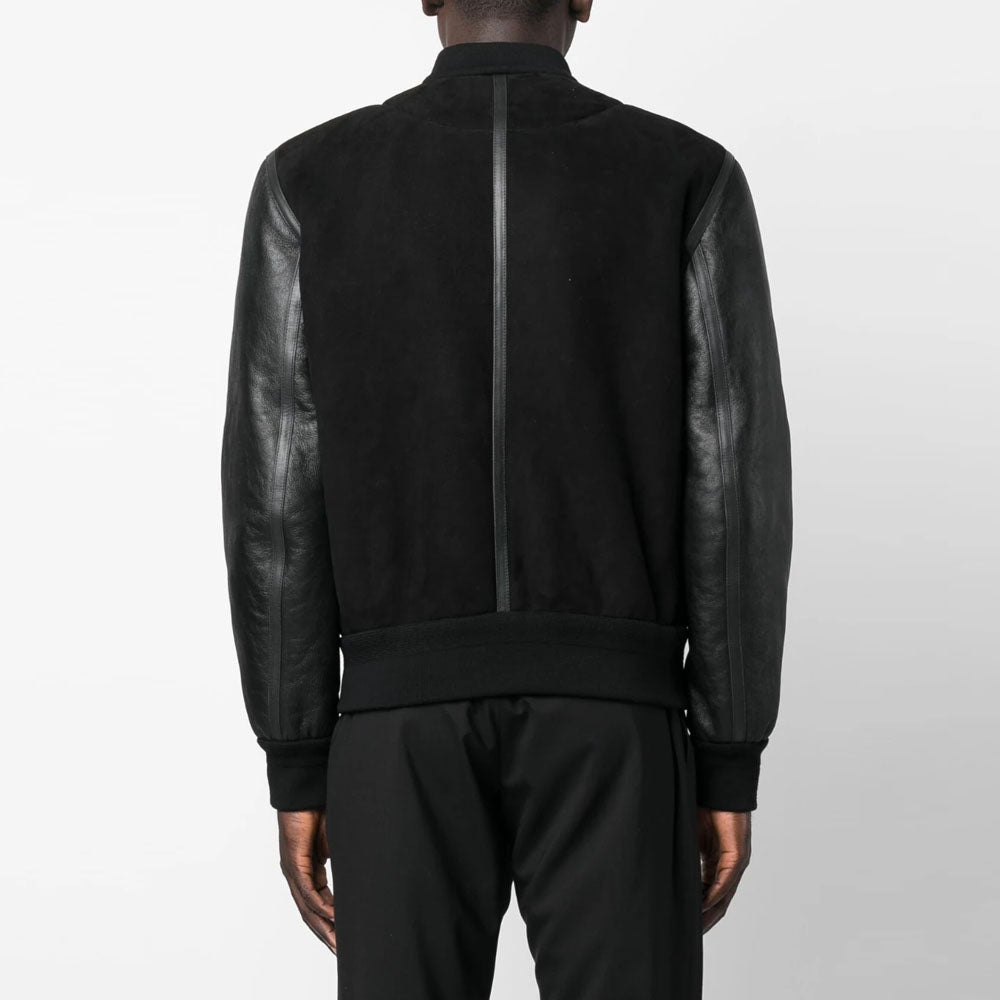 New Black Sheepskin Aviator Bomber Shearling And Suede Leather Jacket For Men