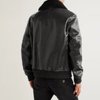 New Men Black Trucker Sheepskin Bomber Fur Shearling Leather Jacket
