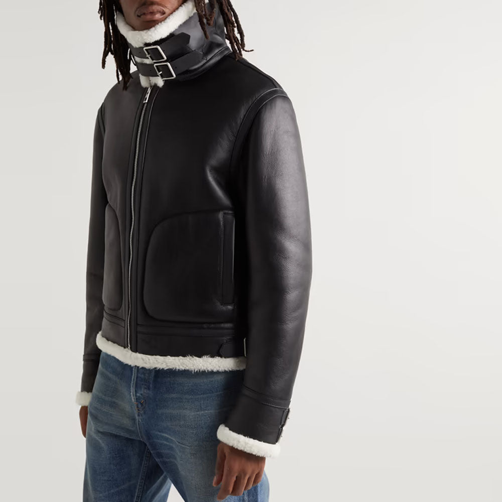 New Men Black Sheepskin Pilot Shearling Leather Jacket With White Fur