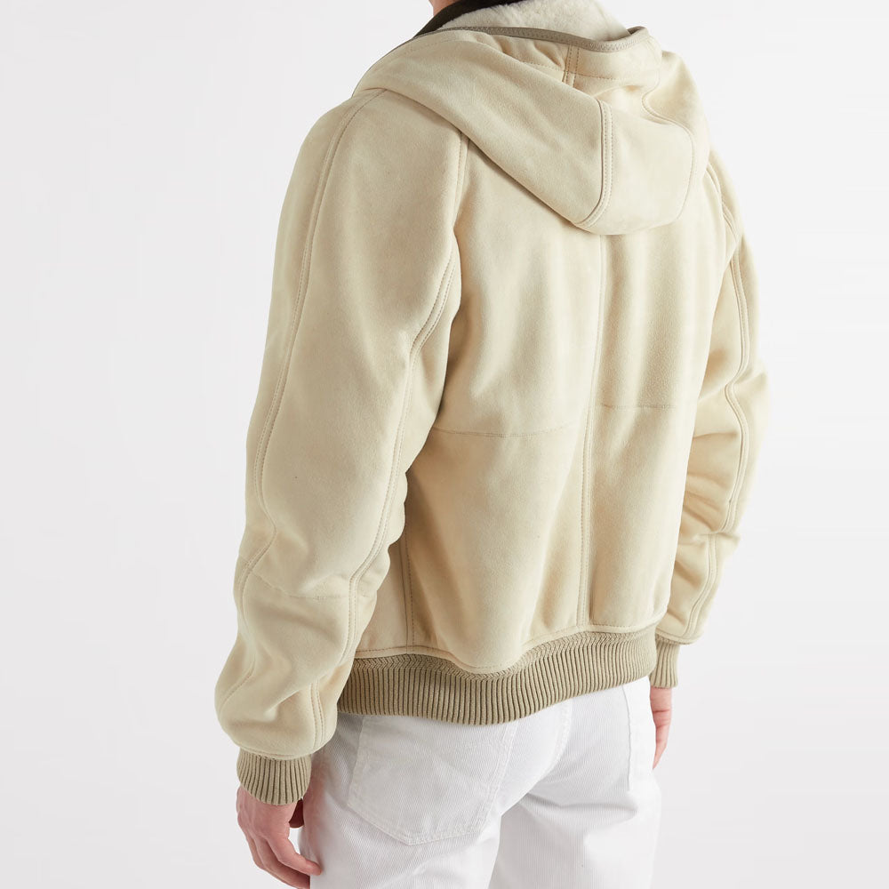 New men cream shearling leather-Trimmed bomber jacket with hooded