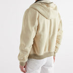 New men cream shearling leather-Trimmed bomber jacket with hooded