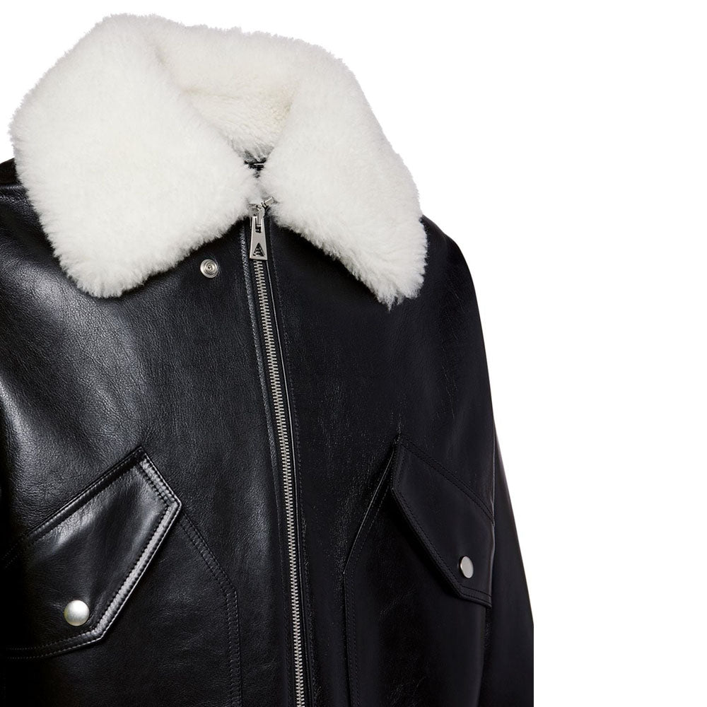 New Men Black Shearling Collar Bomber Sheepskin Leather Jacket