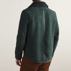 New Men Green Shearling Collar Trimmed Suede Leather Jacket