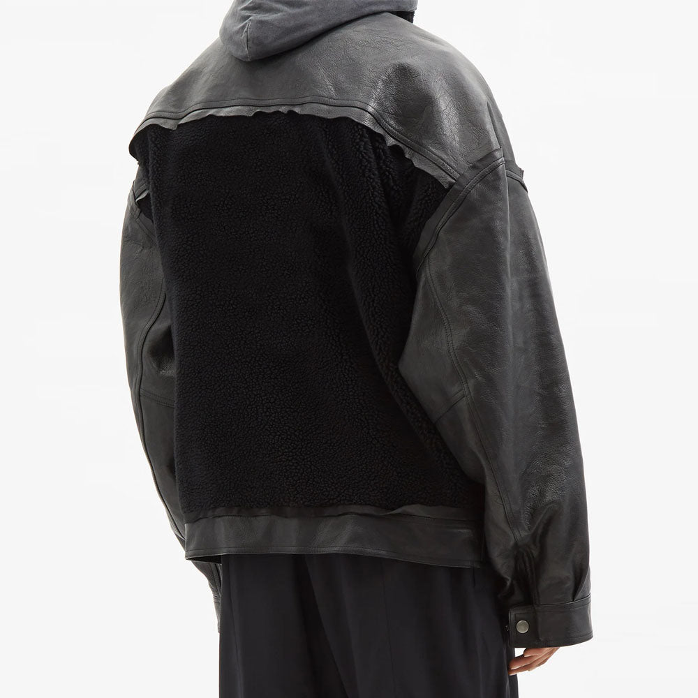 New Men Black Shearling And Leather Jacket With Hooded