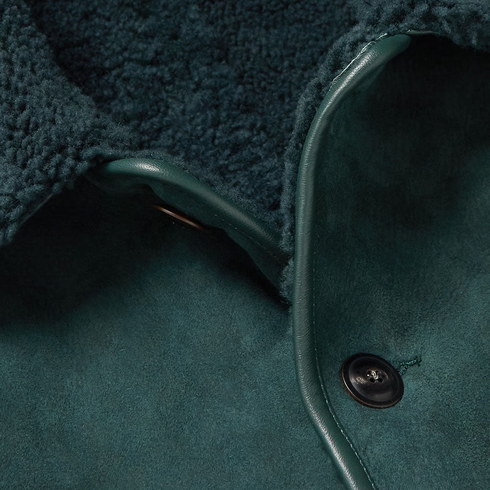 New Men Green Shearling Collar Trimmed Suede Leather Jacket