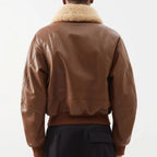 New Men Brown Bomber Trucker Aviator Shearling Collar Leather Jacket