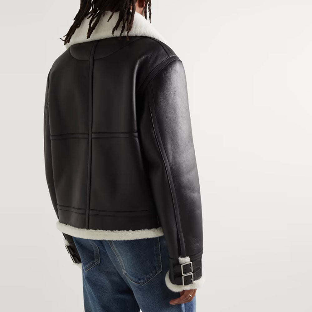 New Men Black Sheepskin Pilot Shearling Leather Jacket With White Fur