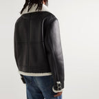 New Men Black Sheepskin Pilot Shearling Leather Jacket With White Fur