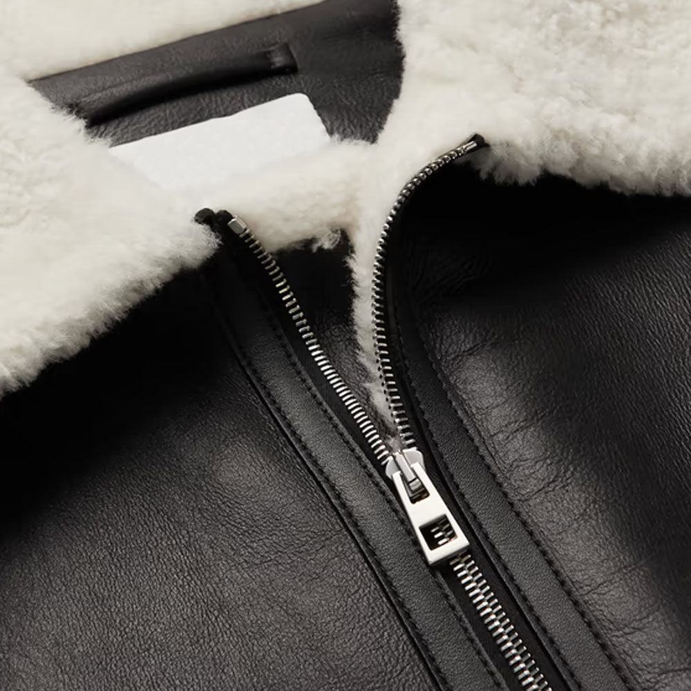 New Men Black Sheepskin Pilot Shearling Leather Jacket With White Fur