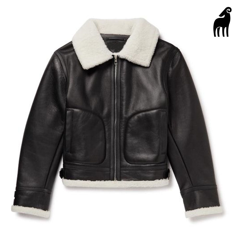 New Men Black Sheepskin Pilot Shearling Leather Jacket With White Fur