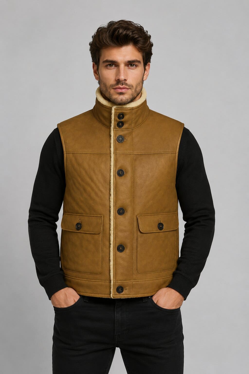 Shearling Vest Men Brown Sheepskin Leather Real Fur Gilet - Rugged Style