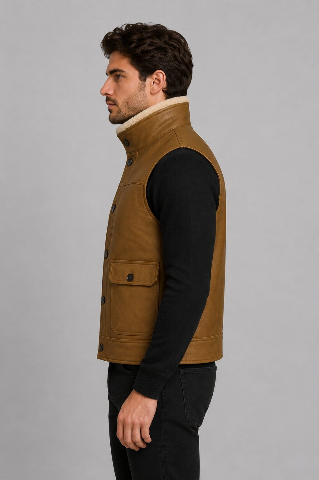 Shearling Vest Men Brown Sheepskin Leather Real Fur Gilet - Rugged Style