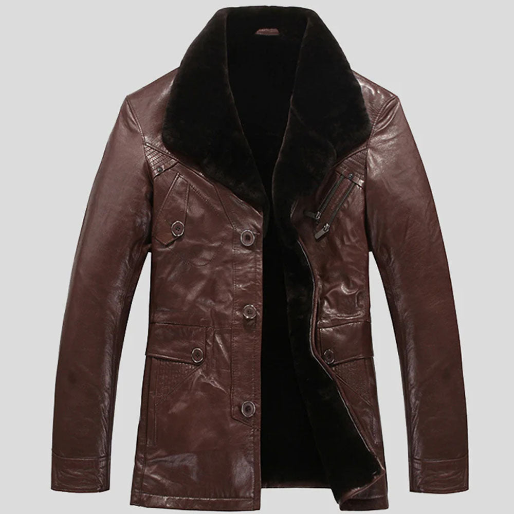 Men's Chocolate Brown Shearling Lapel Leather Coat