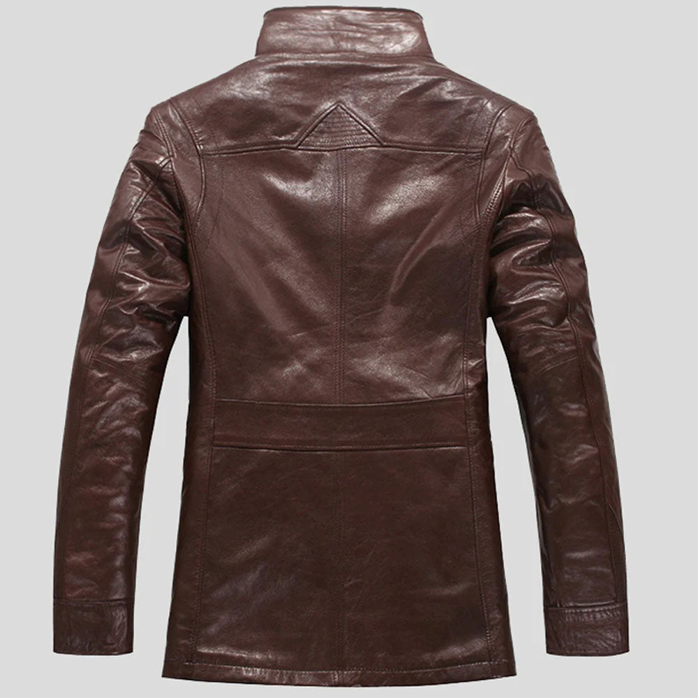 Men's Chocolate Brown Shearling Lapel Leather Coat