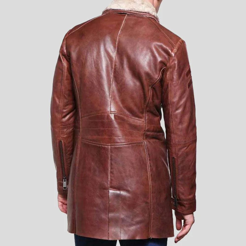 Men's Cognac Waxed Shearling-Lined Aviator Car Coat