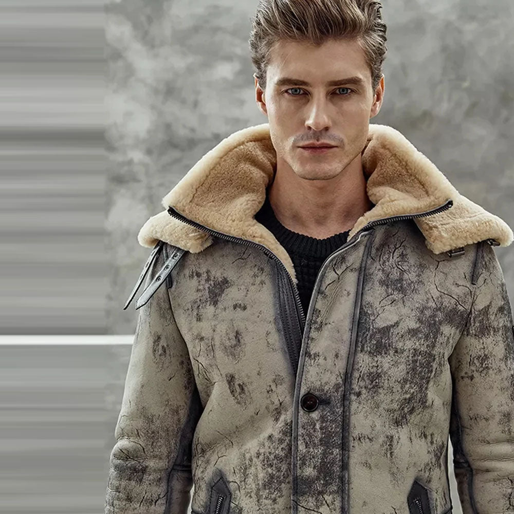 Men's Distressed Sheepskin Aviator Shearling Coat