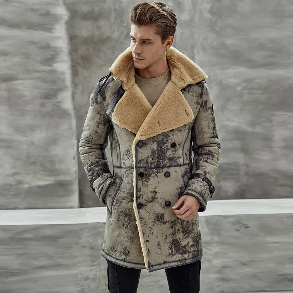 Men's Double-Breasted Shearling Aviator Trench Coat