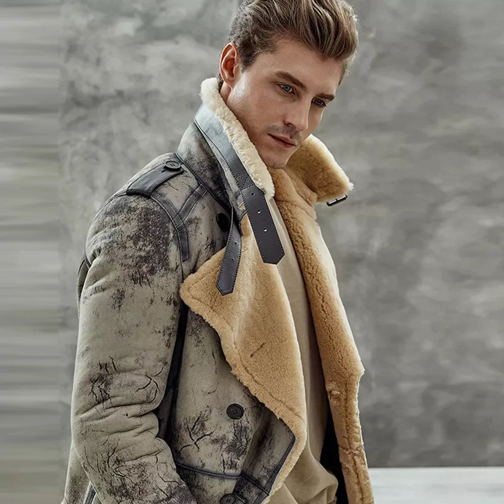 Men's Double-Breasted Shearling Aviator Trench Coat