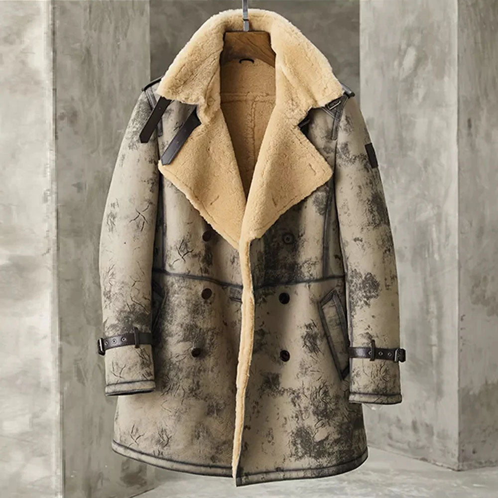 Men's Double-Breasted Shearling Aviator Trench Coat