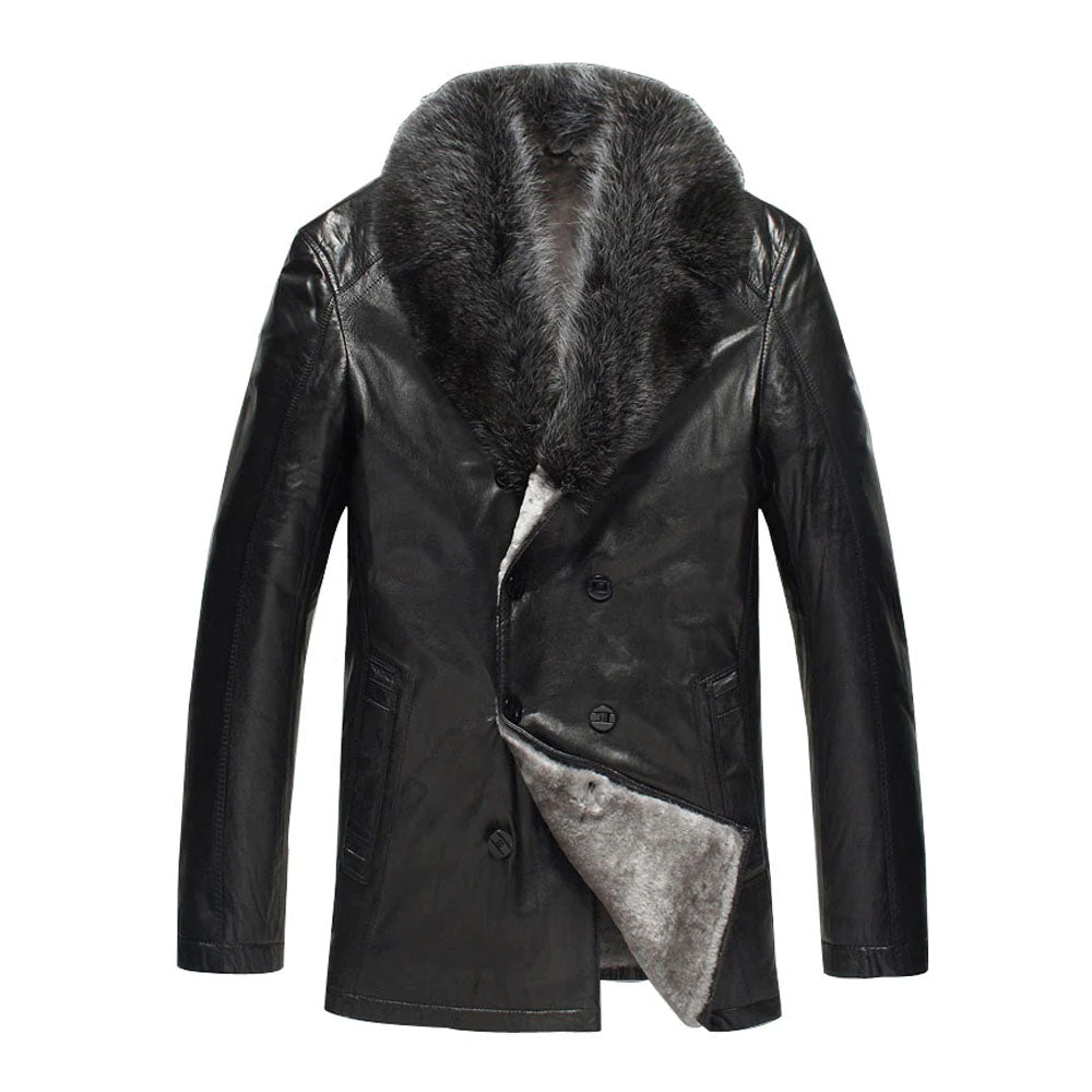 Men's Black Sheepskin Opera Coat with Silver Fox Fur Collar