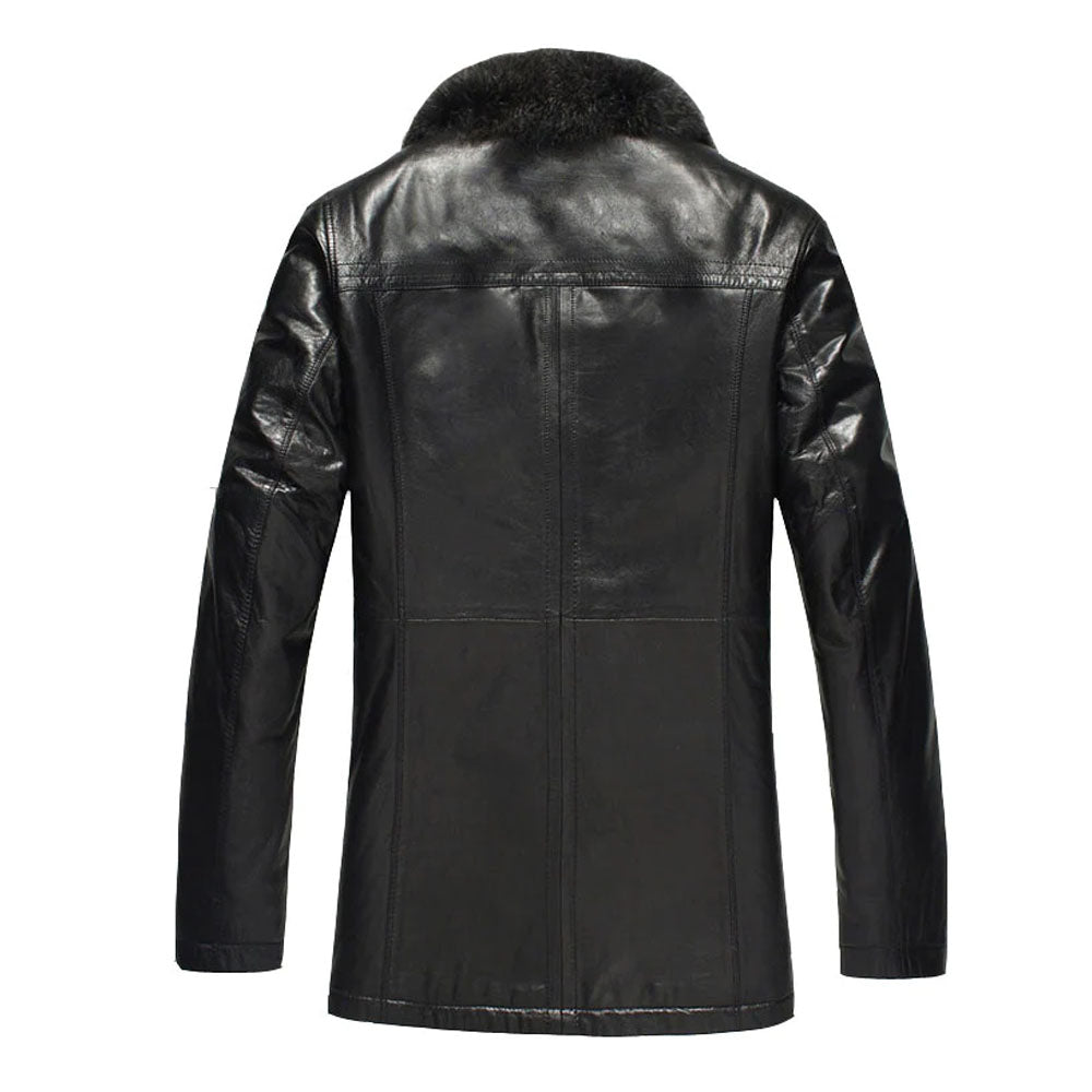 Men's Black Sheepskin Opera Coat with Silver Fox Fur Collar
