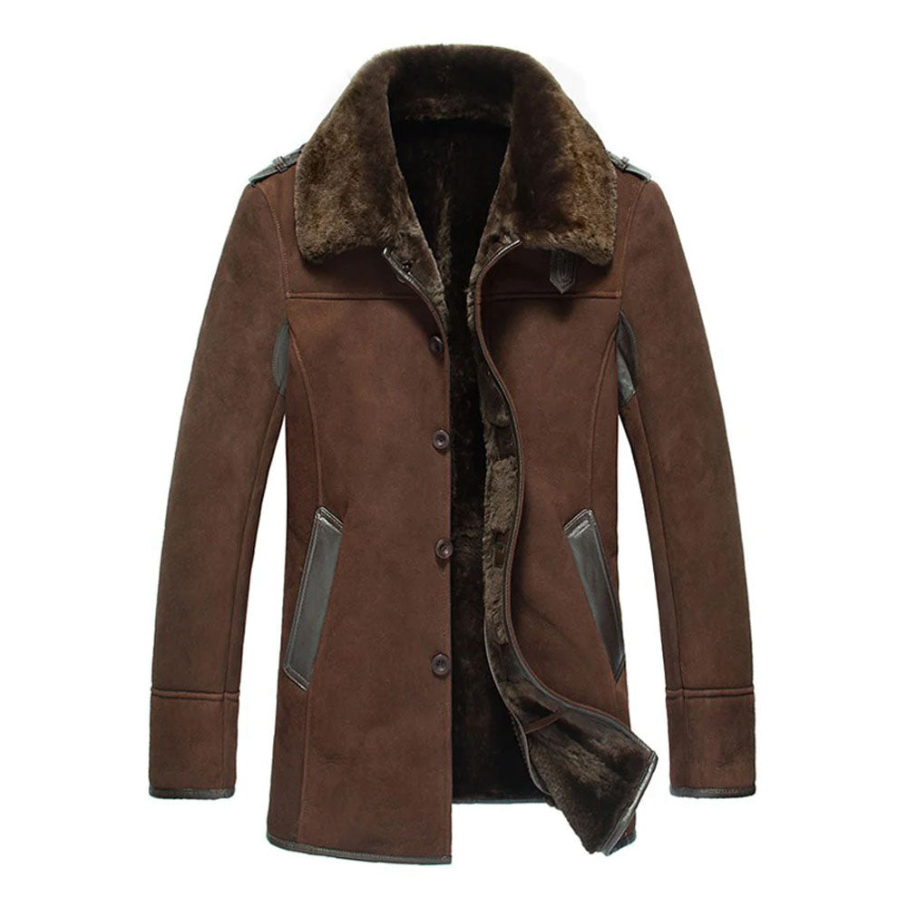 Men's Brown Velour Suede Shearling Field Coat