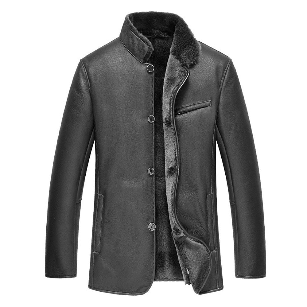 Men's Black Mandarin Collar Shearling Leather Coat