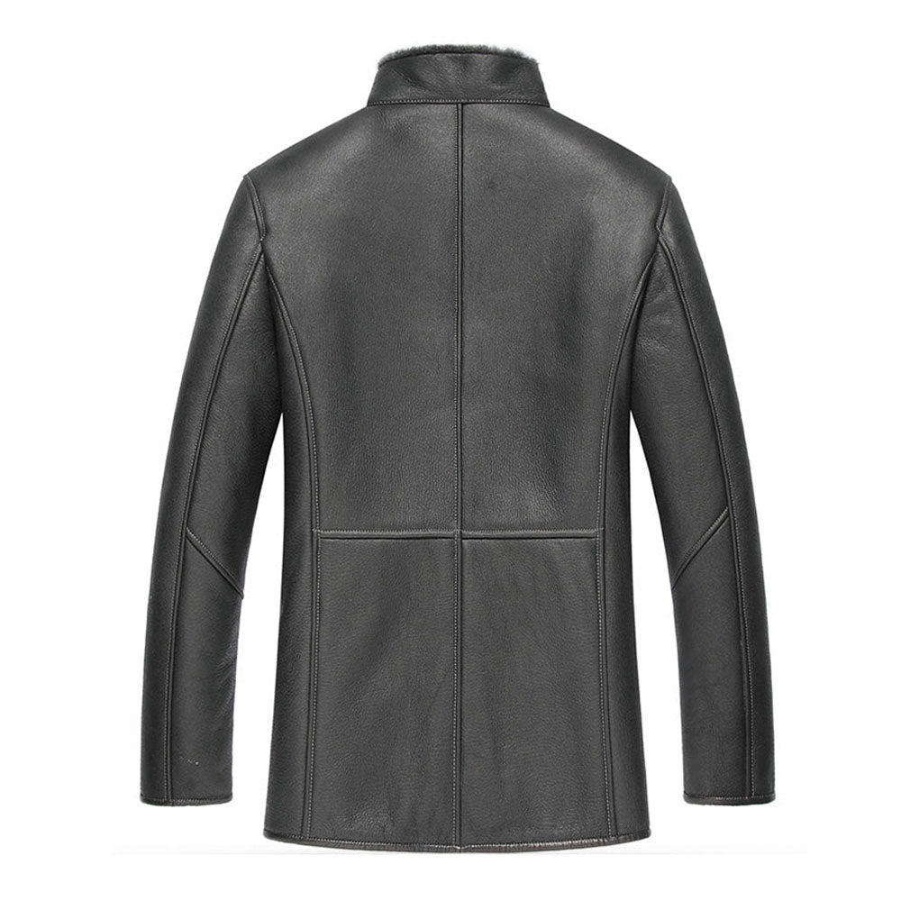 Men's Black Mandarin Collar Shearling Leather Coat