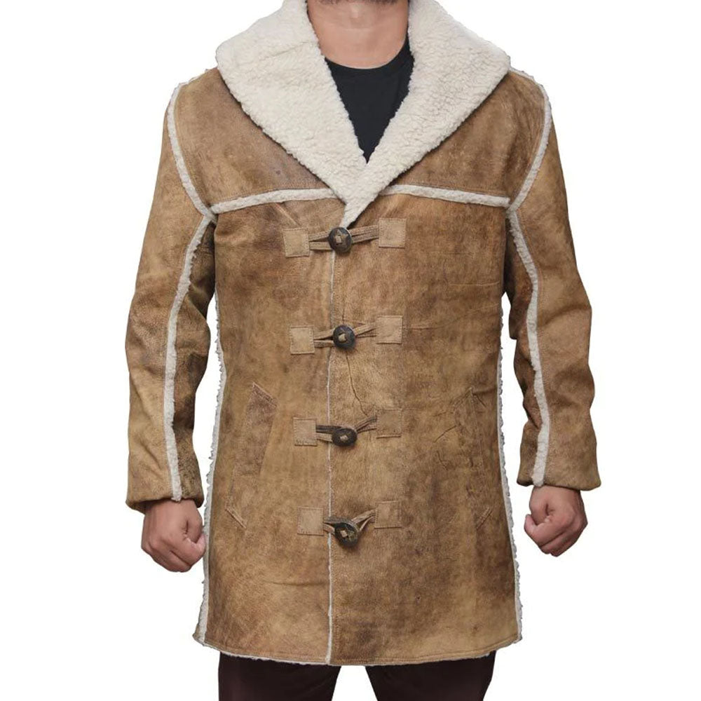Men's Brown Distressed Nubuck Leather Coat with Shearling Collar