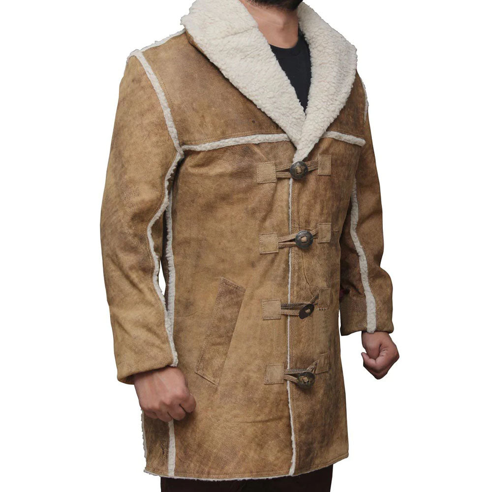 Men's Brown Distressed Nubuck Leather Coat with Shearling Collar
