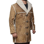 Men's Brown Distressed Nubuck Leather Coat with Shearling Collar
