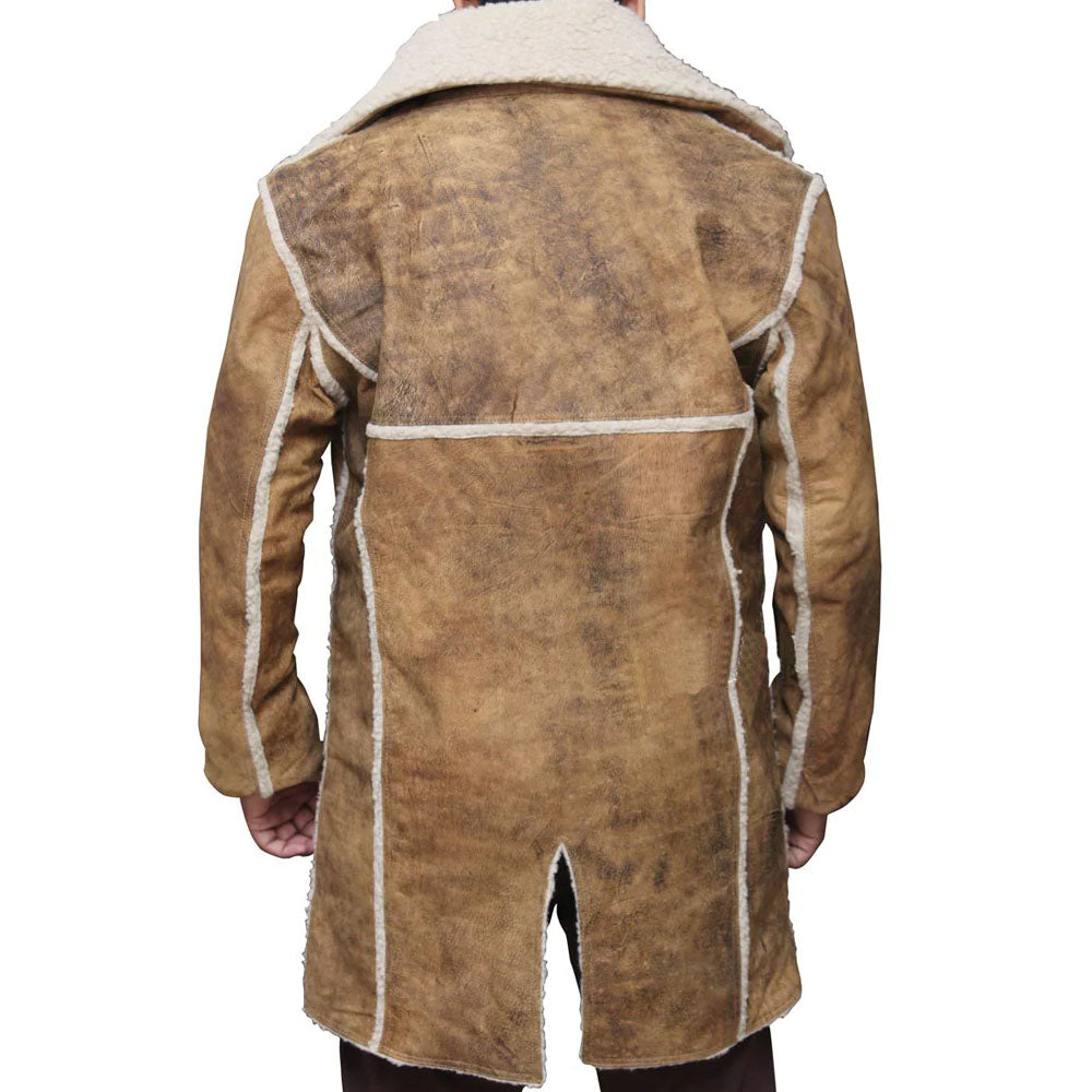Men's Brown Distressed Nubuck Leather Coat with Shearling Collar