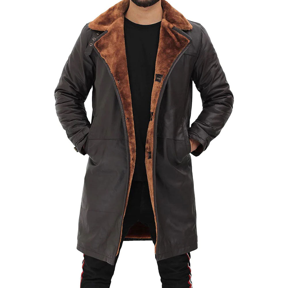 Men's Dark Brown Sheepskin Leather Coat with Shearling Collar & Lining