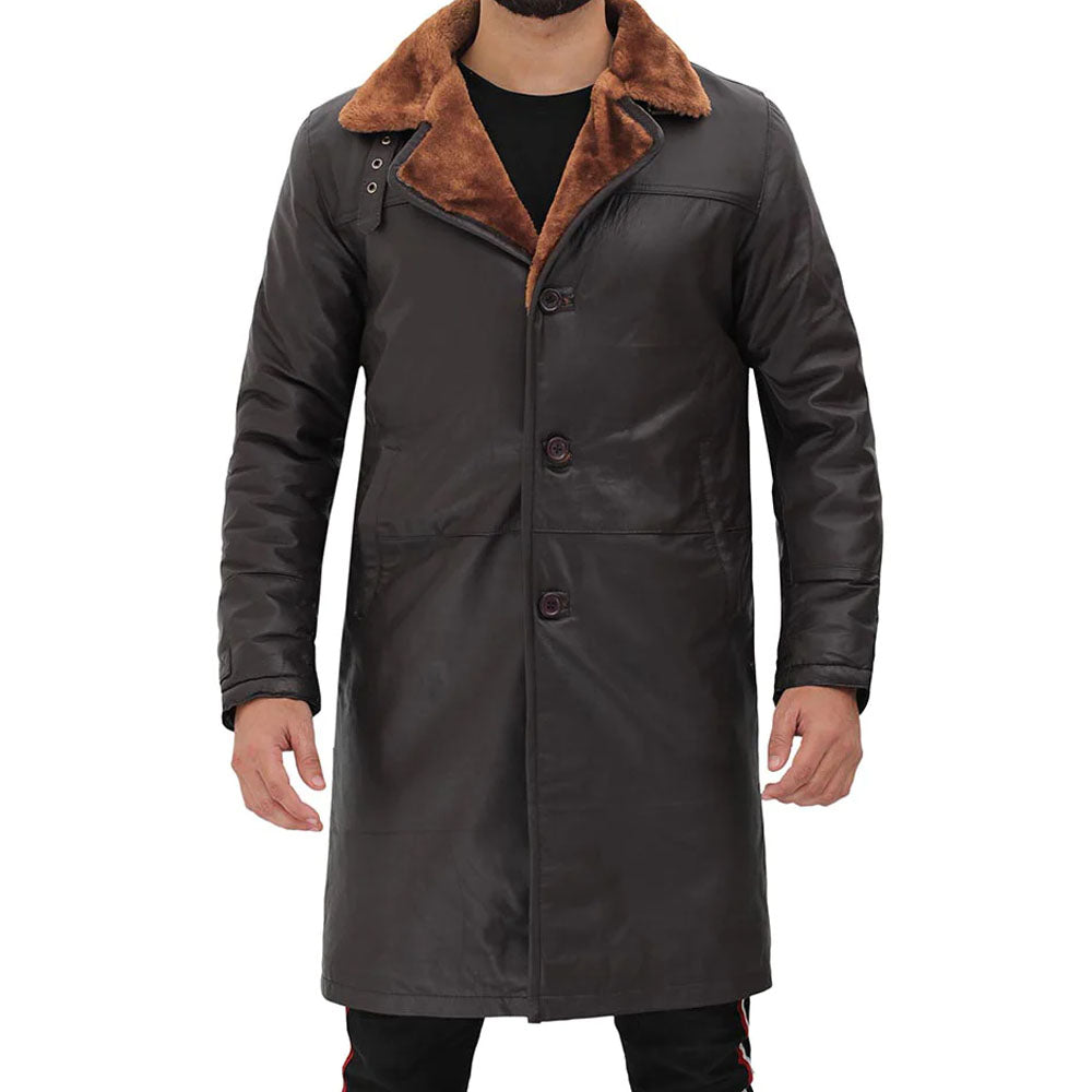 Men's Dark Brown Sheepskin Leather Coat with Shearling Collar & Lining